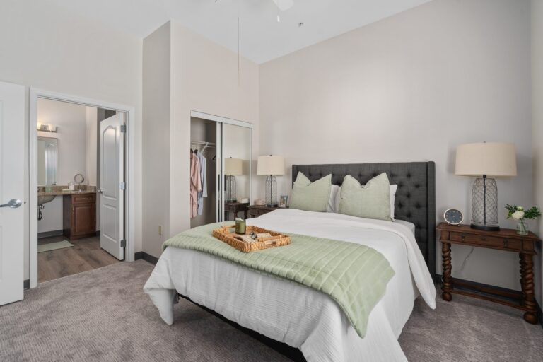 Model apartment bedroom at Gentry Park Orlando senior living