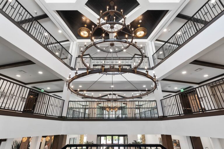 Chandelier atrium at The Grove at Trelago senior living community