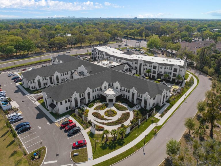 Aerial drone photo of The Grove at Trelago senior living campus