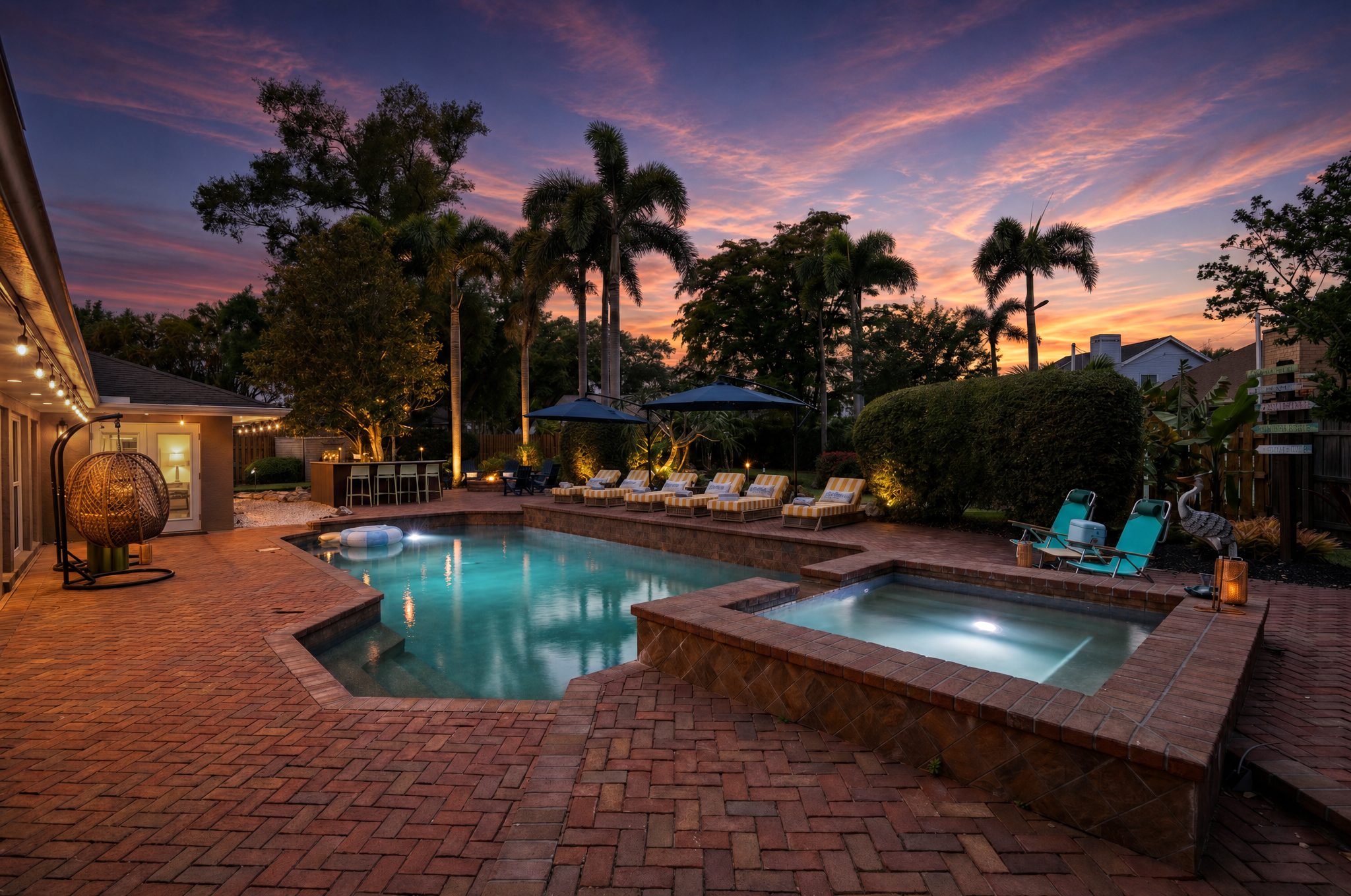 Twilight pool and spa with string lights, palm trees, and lounge chairs at a vacation rental — Orlando Home Photography